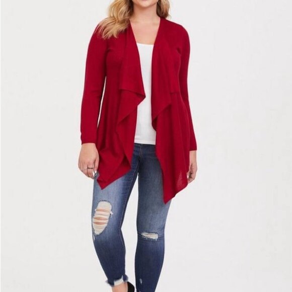 Women’s torrid 2 Crimson Red Drape Front Waffle Knit Waterfall Cardigan - Picture 12 of 13